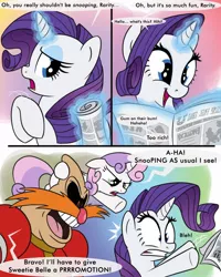Size: 1024x1280 | Tagged: safe, artist:glancojusticar, derpibooru import, rarity, sweetie belle, pony, unicorn, ponyville confidential, adventures of sonic the hedgehog, bleh, caught, comic, crossover, dialogue, doctor eggman, female, filly, glare, gritted teeth, mare, newspaper, pingas, promotion, scene interpretation, scene parody, sonic the hedgehog (series), wide eyes