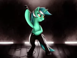 Size: 1800x1350 | Tagged: safe, artist:melancholysanctuary, derpibooru import, lyra heartstrings, pony, unicorn, bipedal, clothes, female, mare, microphone, moves like jagger, pants, solo, stage
