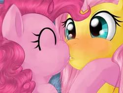 Size: 800x600 | Tagged: safe, artist:melancholysanctuary, derpibooru import, fluttershy, pinkie pie, earth pony, pegasus, pony, blushing, female, flutterpie, kissing, lesbian, mare, shipping