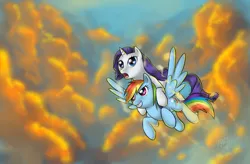 Size: 1600x1050 | Tagged: safe, artist:melancholysanctuary, derpibooru import, rainbow dash, rarity, pegasus, pony, unicorn, cloud, female, flying, lesbian, mare, ponies riding ponies, raridash, shipping, sky