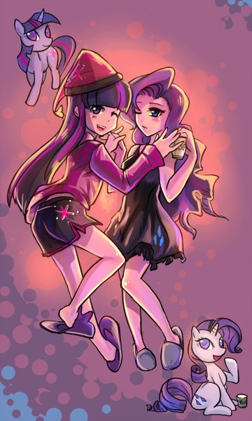 Size: 600x1000 | Tagged: safe, artist:bakki, derpibooru import, rarity, twilight sparkle, human, pony, unicorn, abstract background, clothes, cute, dress, female, hat, human ponidox, humanized, lesbian, mare, nightcap, rarilight, shipping, skinny, slippers, unicorn twilight