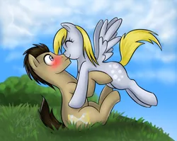 Size: 900x717 | Tagged: safe, artist:cat-cly, derpibooru import, derpy hooves, doctor whooves, time turner, earth pony, pegasus, pony, blushing, boop, cute, derpabetes, doctorderpy, female, male, mare, noseboop, shipping, stallion, straight