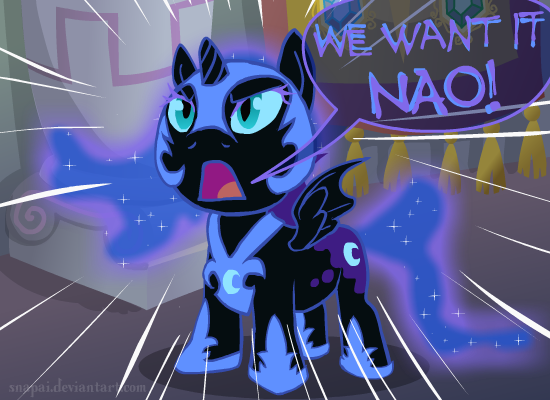 Size: 550x400 | Tagged: safe, artist:snapai, derpibooru import, nightmare moon, alicorn, pony, baby talk, cute, female, filly, foal, hoof shoes, moonabetes, nightmare woon, solo, traditional royal canterlot voice, younger