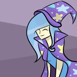 Size: 1200x1200 | Tagged: abstract background, artist:askhumantrixie, artist:sirensy, cape, clothes, dead source, derpibooru import, female, hat, human, humanized, safe, smiling, solo, trixie, trixie's cape, trixie's hat