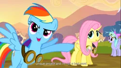 Size: 1366x768 | Tagged: safe, derpibooru import, screencap, flitter, fluttershy, rainbow dash, pegasus, pony, hurricane fluttershy, female, goggles, mare, pointing, youtube, youtube caption, youtube link