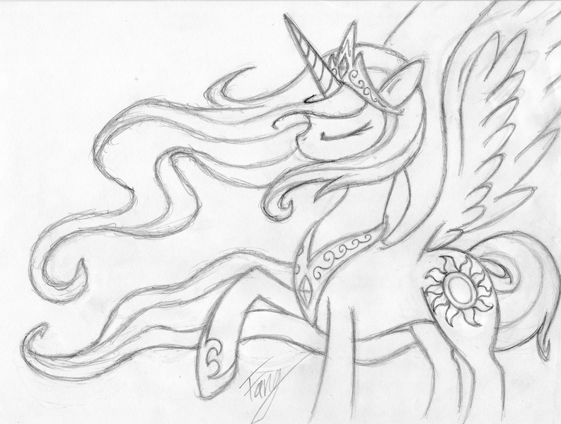 Size: 3116x2358 | Tagged: dead source, safe, artist:bronyfang, derpibooru import, princess celestia, alicorn, pony, eyes closed, female, grayscale, high res, mare, monochrome, raised hoof, sketch, solo, spread wings, traditional art, wings