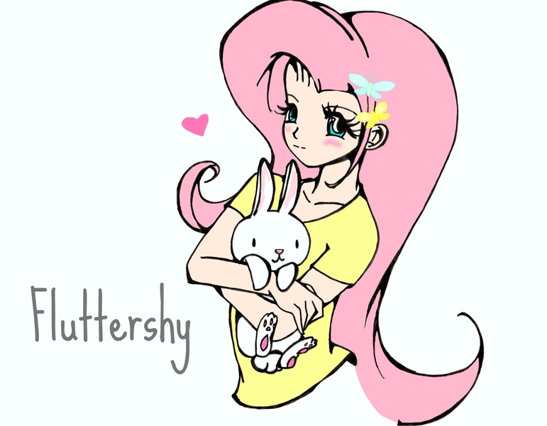 Size: 2438x1897 | Tagged: angel bunny, artist:pixel-chick, cute, derpibooru import, female, fluttershy, heart, human, humanized, safe, simple background, white background