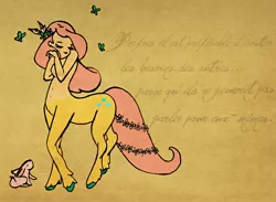 Size: 1911x1402 | Tagged: artist:pixel-chick, blushing, breasts, butterfly, centaur, centaurshy, covering, derpibooru import, eyes closed, female, flower, flower in tail, fluttershy, french, nudity, ponibooru import, rabbit, smiling, solo, solo female, suggestive, unshorn fetlocks