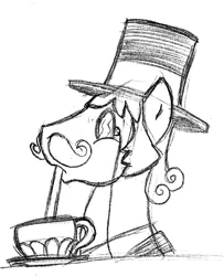 Size: 569x700 | Tagged: safe, artist:elosande, derpibooru import, oc, oc:gentle coltte of leisure, unofficial characters only, earth pony, pony, drinking, hat, male, monochrome, monocle, stallion, top hat