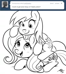 Size: 756x850 | Tagged: safe, artist:megasweet, derpibooru import, derpy hooves, fluttershy, oc, oc:futashy, pegasus, pony, ask futashy, futaverse, ask, black and white, female, futa, futa fluttershy, grayscale, intersex, lineart, mare, monochrome