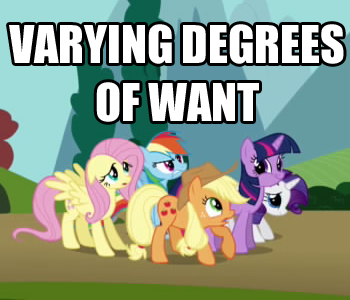 Size: 350x300 | Tagged: safe, derpibooru import, edit, edited screencap, screencap, applejack, fluttershy, rainbow dash, rarity, twilight sparkle, earth pony, pegasus, pony, unicorn, swarm of the century, female, image macro, mare, meme origin, twiface, varying degrees of want, want, wrong neighborhood