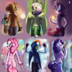 Size: 1280x1280 | Tagged: suggestive, artist:atryl, artist:siden, derpibooru import, applejack, fluttershy, pinkie pie, rainbow dash, rarity, twilight sparkle, anthro, earth pony, pegasus, unicorn, applebutt, apron, ass, balloonbutt, bottomless, breasts, butt, clothes, female, flutterbutt, mane six, naked apron, partial nudity, rearity, sideboob, sweat, tongue out, topless, twibutt