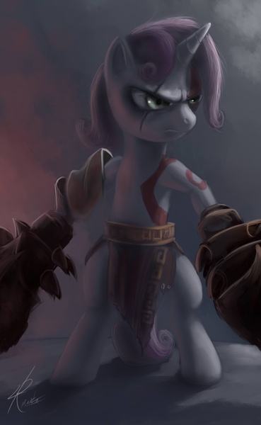 Size: 1345x2187 | Tagged: safe, artist:raikoh, derpibooru import, sweetie belle, pony, unicorn, badass, bipedal, crossover, female, god of war, kratos, paint tool sai, solo