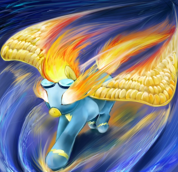 Size: 1000x970 | Tagged: safe, artist:takokyoc, derpibooru import, spitfire, pegasus, pony, clothes, female, flying, goggles, internal combustion, mare, solo, uniform, wonderbolts uniform