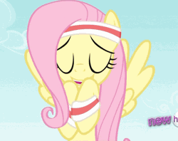 Size: 480x380 | Tagged: safe, derpibooru import, screencap, fluttershy, pegasus, pony, hurricane fluttershy, all new, animated, armband, blushing, cloud, cropped, cute, faic, female, flying, gif, grin, happy, headband, hub logo, lidded eyes, looking at you, mare, shyabetes, sky, smiling, solo, spread wings, squee, sweatband, text, wings