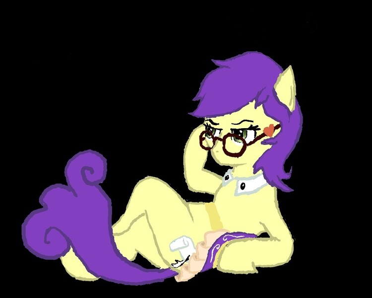 Size: 1000x800 | Tagged: artist needed, safe, derpibooru import, oc, oc:miss ballpoint inkwell, unofficial characters only, earth pony, pony, black background, female, glasses, mare, on back, simple background, solo