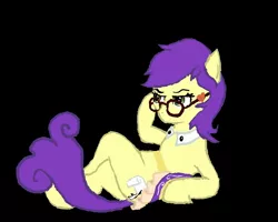 Size: 1000x800 | Tagged: artist needed, safe, derpibooru import, oc, oc:miss ballpoint inkwell, unofficial characters only, earth pony, pony, black background, female, glasses, mare, on back, simple background, solo
