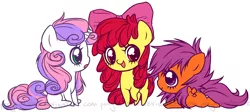 Size: 1606x718 | Tagged: safe, artist:ponymonster, derpibooru import, apple bloom, scootaloo, sweetie belle, earth pony, pegasus, pony, unicorn, cutie mark crusaders, female, filly, messy mane, simple background