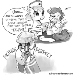 Size: 1500x1500 | Tagged: dead source, safe, artist:suikuzu, derpibooru import, nurse redheart, picture frame (character), picture perfect, scootaloo, earth pony, pegasus, pony, bandage, bandaid, clothes, dialogue, female, filly, first aid, glare, glasses, grumpaloo, grumpy, injured, mare, monochrome, trio