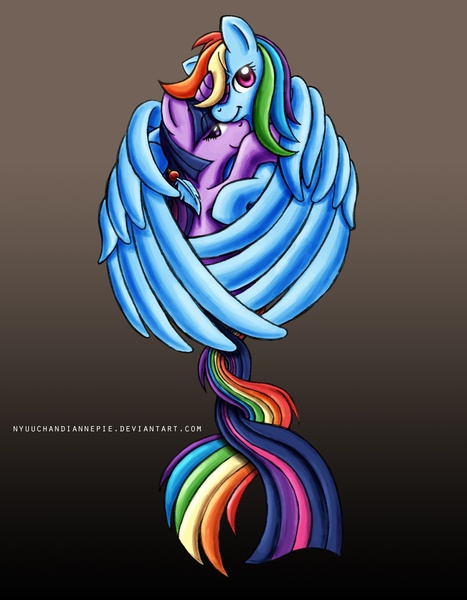 Size: 2366x3041 | Tagged: safe, artist:nyuuchandiannepie, derpibooru import, rainbow dash, twilight sparkle, pegasus, pony, unicorn, cute, feather, female, gradient background, high res, hug, intertwined tails, lesbian, mare, shipping, twidash, winghug, wings