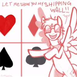 Size: 500x500 | Tagged: safe, artist:clorin spats, derpibooru import, oc, oc:pomf, unofficial characters only, pegasus, pony, dialogue, glasses, homestuck, looking at you, male, open mouth, shipper, shipping wall, smiling, solo, spread wings, stallion