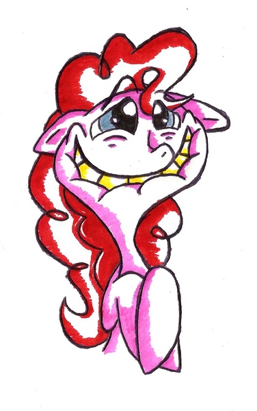 Size: 966x1542 | Tagged: safe, artist:toonfreak, derpibooru import, pinkie pie, earth pony, pony, awkward smile, crossed hooves, female, floppy ears, mare, simple background, solo, traditional art, white background