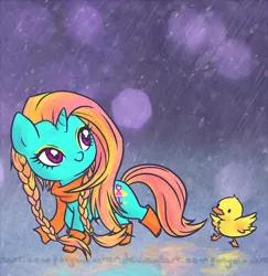 Size: 630x649 | Tagged: safe, artist:ponymonster, derpibooru import, dewdrop dazzle, duck, pony, unicorn, boots, clothes, female, mare, rain, scarf, solo