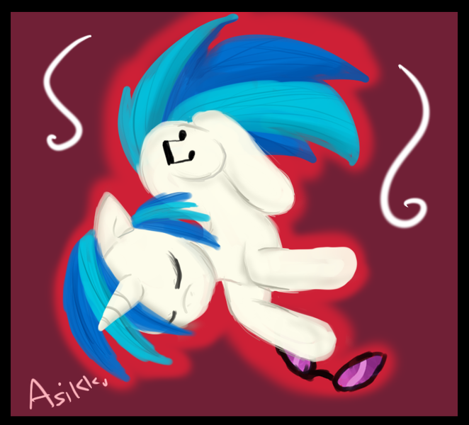 Size: 745x675 | Tagged: safe, artist:asikku, derpibooru import, vinyl scratch, pony, unicorn, female, glasses, mare, red background, simple background, solo