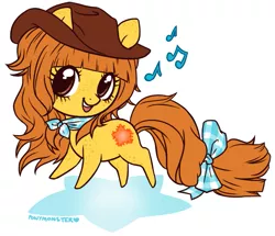 Size: 717x617 | Tagged: safe, artist:ponymonster, derpibooru import, oc, oc:butterscotch patch, unofficial characters only, earth pony, pony, bow, clothes, female, hat, mare, music notes, open mouth, scarf, simple background, singing, smiling, solo, tail bow, white background