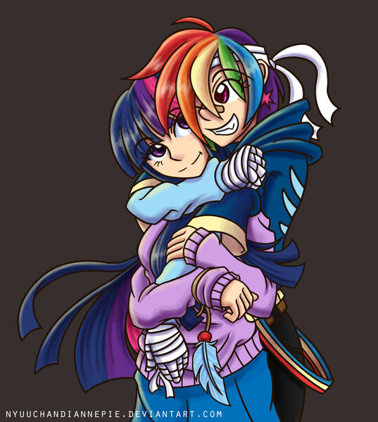 Size: 1668x1865 | Tagged: safe, artist:nyuuchandiannepie, derpibooru import, rainbow dash, twilight sparkle, human, bandage, cute, feather, female, gradient background, hand wraps, hug, hug from behind, humanized, lesbian, shipping, simple background, twidash