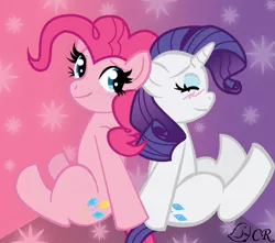 Size: 1833x1619 | Tagged: safe, artist:ladypixelheart, derpibooru import, pinkie pie, rarity, earth pony, pony, unicorn, abstract background, back to back, blushing, female, lesbian, mare, raripie, shipping, sitting, we need more of this ship