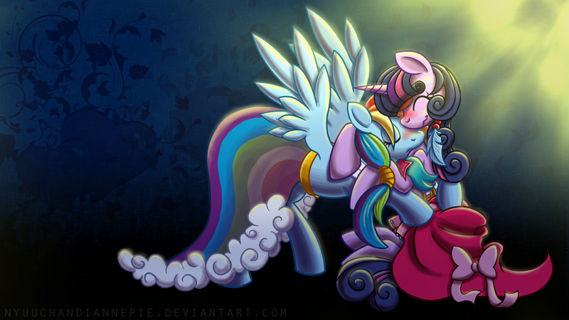 Size: 1920x1080 | Tagged: safe, artist:nyuuchandiannepie, derpibooru import, rainbow dash, twilight sparkle, pegasus, pony, unicorn, abstract background, alternate hairstyle, blushing, clothes, cute, dress, eyes closed, feather, female, hug, lesbian, mare, royal wedding, shipping, twidash, wallpaper