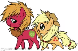 Size: 771x507 | Tagged: safe, artist:ponymonster, derpibooru import, applejack, big macintosh, earth pony, pony, chibi, duo, female, male, mare, simple background, stallion, white background