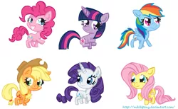 Size: 1145x704 | Tagged: safe, artist:mikibipony, derpibooru import, applejack, fluttershy, pinkie pie, rainbow dash, rarity, twilight sparkle, earth pony, pegasus, pony, unicorn, chibi, female, mane six, mare, raised hoof, simple background, unicorn twilight, white background