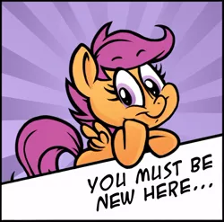 Size: 606x599 | Tagged: safe, artist:myslipox, derpibooru import, scootaloo, pegasus, pony, abstract background, cute, cutealoo, female, filly, parody, reaction image, smiling, solo, you must be new here