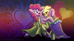 Size: 1920x1080 | Tagged: safe, artist:nyuuchandiannepie, derpibooru import, fluttershy, pinkie pie, earth pony, pegasus, pony, abstract background, blushing, clothes, cute, dancing, dress, female, flutterpie, heart, hug, lesbian, mare, royal wedding, shipping, wallpaper