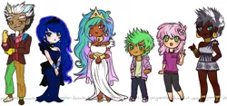 Size: 1263x593 | Tagged: alternate hairstyle, artist:ponymonster, cheerilee, chibi, dark skin, derpibooru import, discord, female, human, humanized, male, princess celestia, princess luna, safe, simple background, spike, white background, zecora