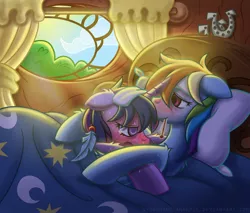 Size: 2000x1700 | Tagged: safe, artist:nyuuchandiannepie, derpibooru import, rainbow dash, twilight sparkle, pegasus, pony, unicorn, bed, blanket, blue feather, blushing, cloth, crepuscular rays, cuddling, cute, feather, female, floppy ears, golden oaks library, lesbian, library, lovesick, mare, messy mane, pillow, shipping, sick, smiling, thermometer, twidash, window