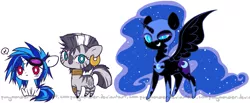 Size: 1507x623 | Tagged: safe, artist:ponymonster, derpibooru import, nightmare moon, vinyl scratch, zecora, alicorn, pony, unicorn, zebra, chibi, red eyes