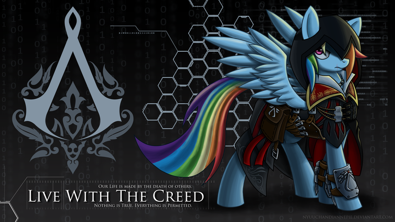 Size: 1920x1080 | Tagged: safe, artist:nyuuchandiannepie, derpibooru import, rainbow dash, pegasus, pony, abstract background, assassin's creed, clothes, crossover, female, mare, solo, video game, wallpaper