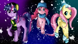 Size: 1920x1080 | Tagged: safe, artist:musapan, derpibooru import, fluttershy, pinkie pie, twilight sparkle, earth pony, pegasus, pony, unicorn, clothes, female, mare, photoshop, scarf, smiling, unicorn twilight, unshorn fetlocks, wallpaper, winter