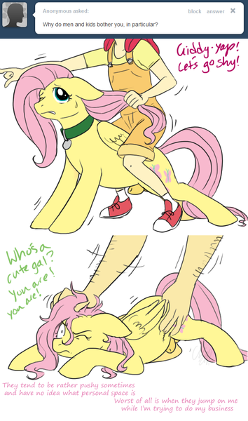 Size: 642x1088 | Tagged: questionable, artist:cartoonlion, derpibooru import, apple bloom, fluttershy, oc, oc:futashy, human, pegasus, pony, ask futashy, futaverse, annoyed, ask, collar, female, floppy ears, futa, futa fluttershy, human female, human male, humanized, humans riding ponies, intersex, male, nudity, pet tag, petting, riding, sheath, simple background, white background