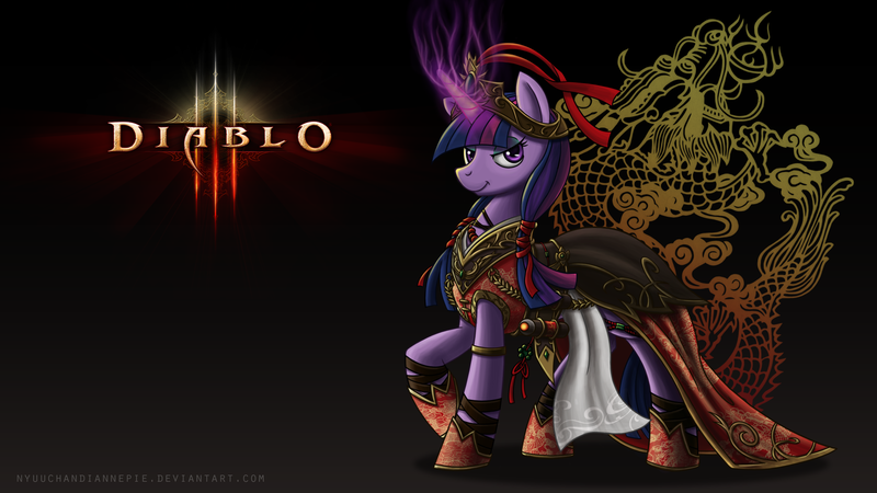 Size: 1920x1080 | Tagged: safe, artist:nyuuchandiannepie, derpibooru import, twilight sparkle, pony, unicorn, abstract background, clothes, crossover, diablo 3, dress, female, magic, mare, solo, video game, wallpaper, wizard