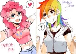 Size: 929x662 | Tagged: artist:suikuzu, belly button, derpibooru import, female, heart, human, humanized, midriff, pinkie pie, question mark, rainbow dash, safe