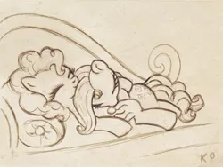 Size: 800x600 | Tagged: safe, artist:kp-shadowsquirrel, derpibooru import, pinkie pie, rarity, earth pony, pony, unicorn, couch, cute, fainting couch, female, lesbian, mare, monochrome, raripie, shipping, sketch, sleeping