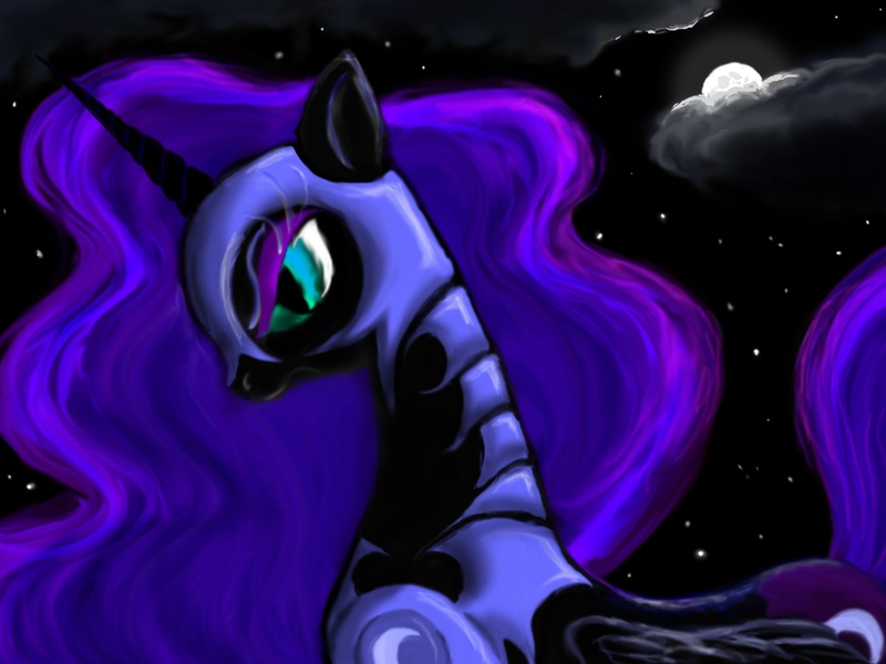 Size: 1890x1417 | Tagged: safe, artist:rsvpixie, derpibooru import, nightmare moon, alicorn, pony, female, mare, moon, night, photoshop elements, profile, solo