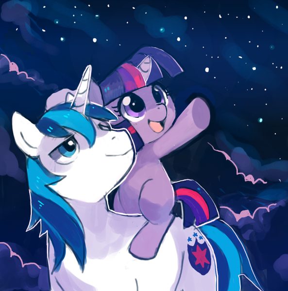 Size: 910x921 | Tagged: safe, artist:suikuzu, derpibooru import, shining armor, twilight sparkle, pony, unicorn, brother and sister, cloud, duo, filly, foal, lidded eyes, looking at something, male, night, night sky, open mouth, pointing, ponies riding ponies, raised hoof, smiling, stallion, stars, underhoof, unicorn twilight