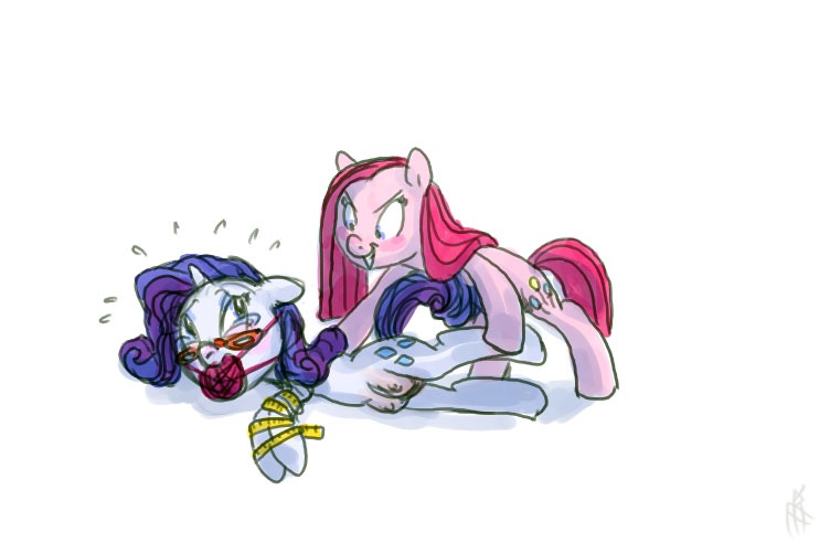 Size: 752x502 | Tagged: questionable, semi-grimdark, artist:carnifex, derpibooru import, pinkie pie, rarity, earth pony, pony, unicorn, ballgag, bondage, crotchboobs, female, femdom, femsub, gag, glasses, imminent rape, lesbian, mare, nipples, nudity, pinkamena diane pie, rarity's glasses, side, submissive, teats