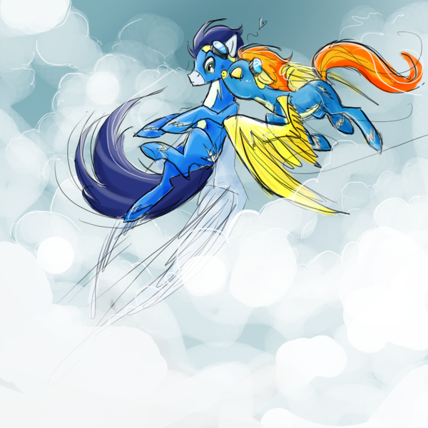 Size: 800x800 | Tagged: safe, artist:nastylady, derpibooru import, soarin', spitfire, pegasus, pony, cloud, cloudy, duo, eyes closed, female, flying, goggles, heart, kiss on the cheek, kissing, love, male, mare, photoshop, shipping, soarinfire, spread wings, stallion, straight, wings, wonderbolts, wonderbolts uniform