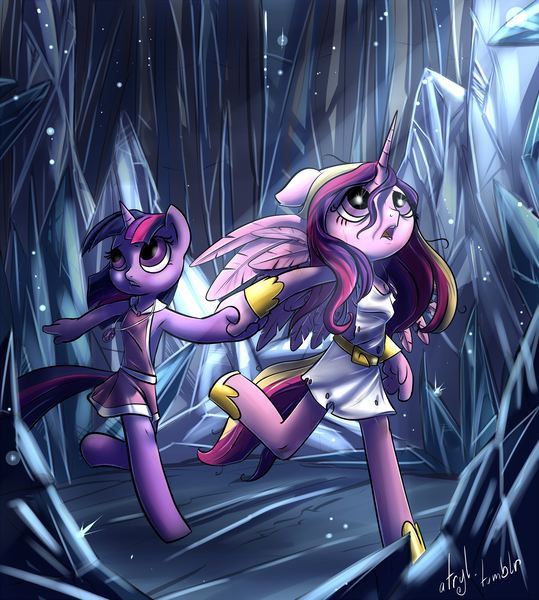 Size: 1797x2000 | Tagged: safe, artist:atryl, derpibooru import, princess cadance, twilight sparkle, alicorn, anthro, unguligrade anthro, unicorn, anatomically incorrect, armpits, clothes, crystal caverns, dress, duo, female, hooves, incorrect leg anatomy, running, scene interpretation